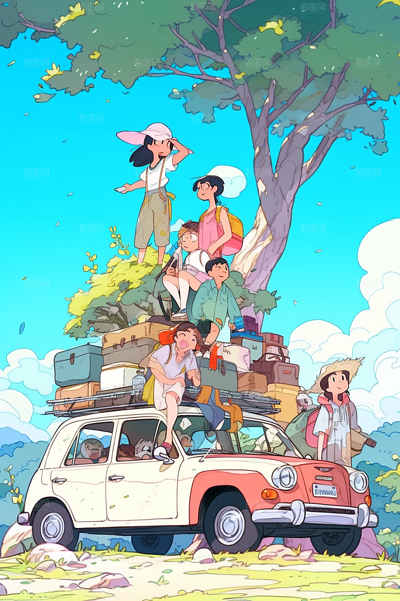 学生放暑假毕业旅游夏季插画
