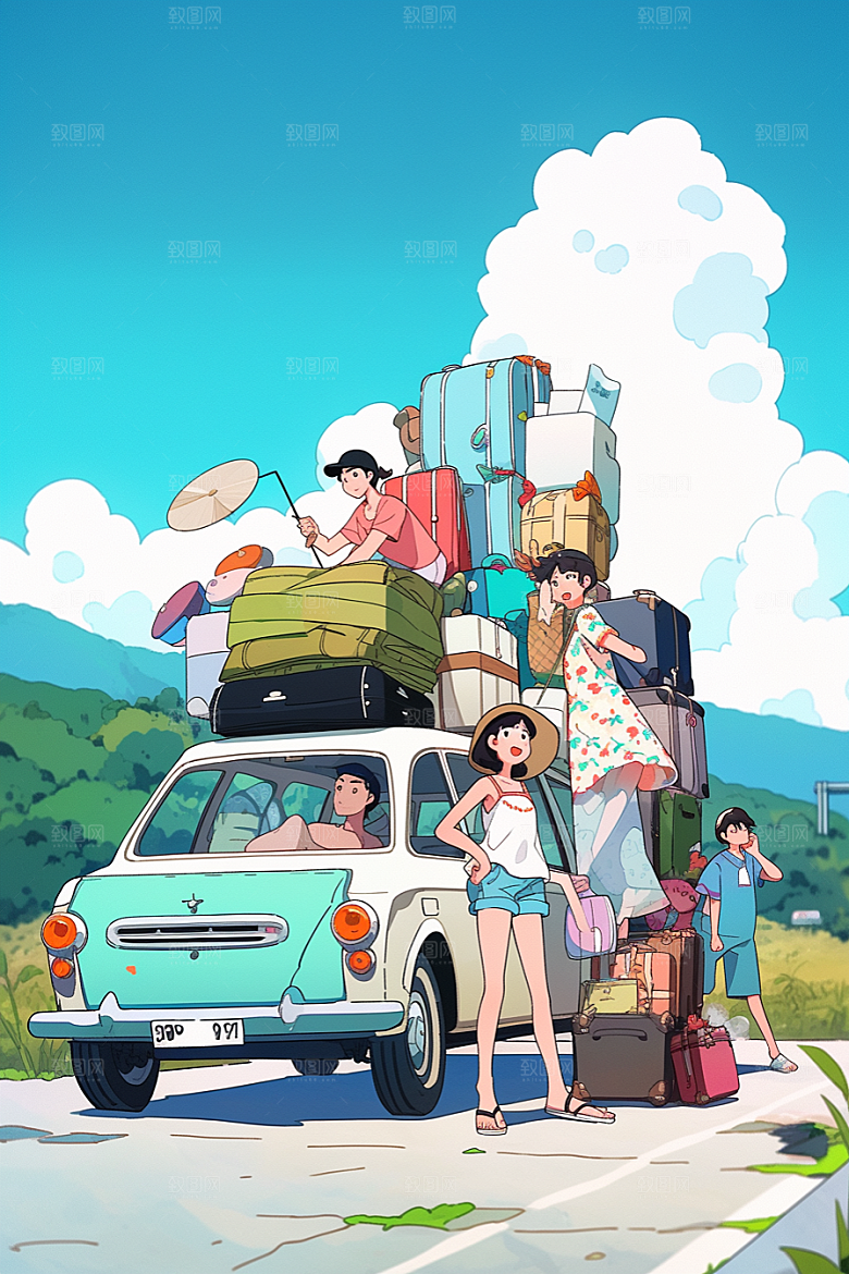 学生放暑假夏天结伴插画
