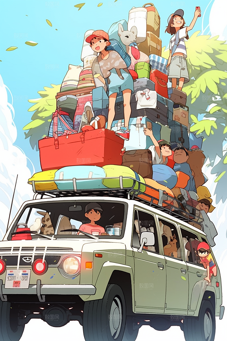 学生放暑假毕业旅游放假了插画