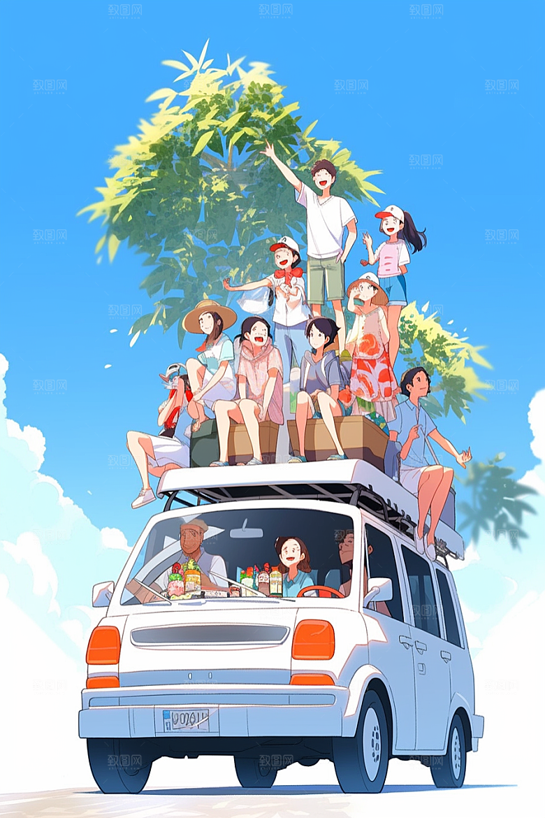 学生放暑假结伴旅游插画