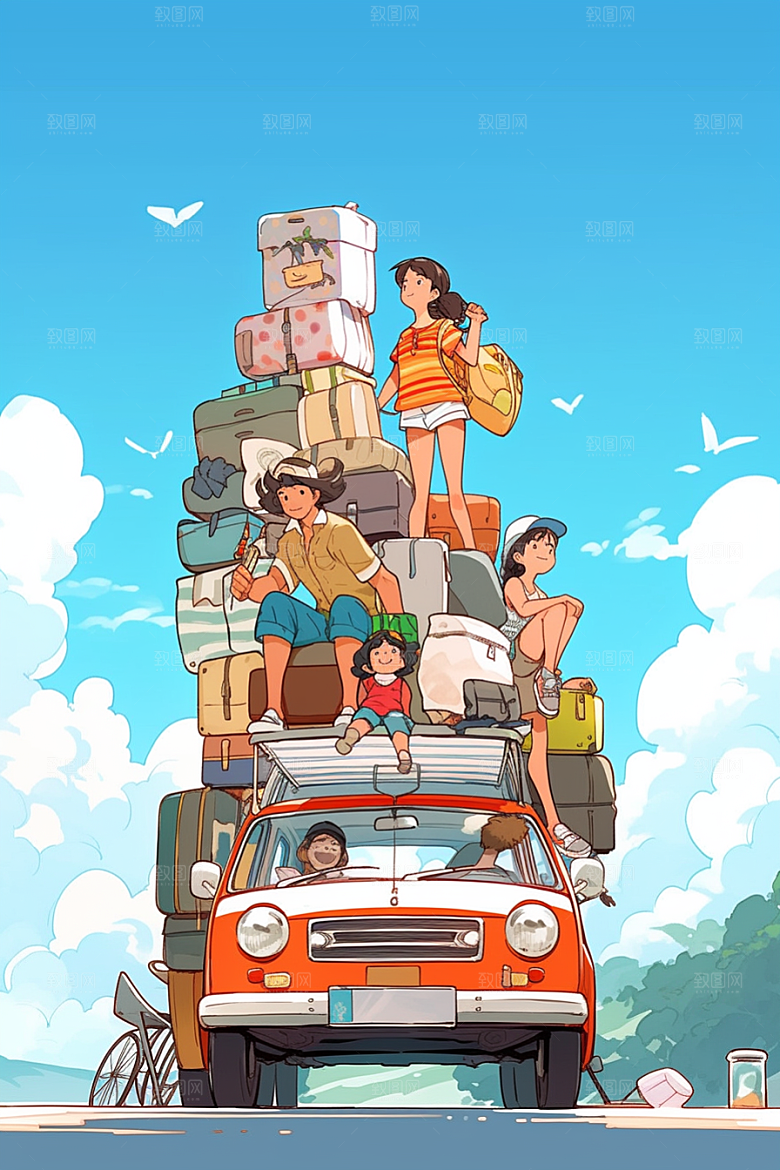 学生放暑假快乐毕业旅游插画