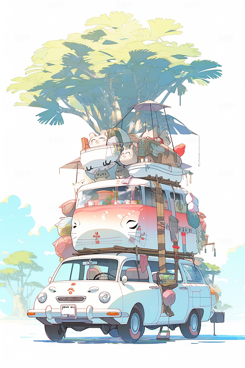 学生放暑假出游夏天插画