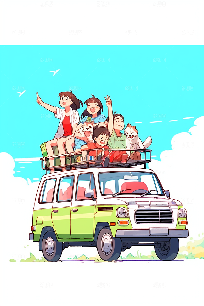 学生放暑假结伴旅游插画