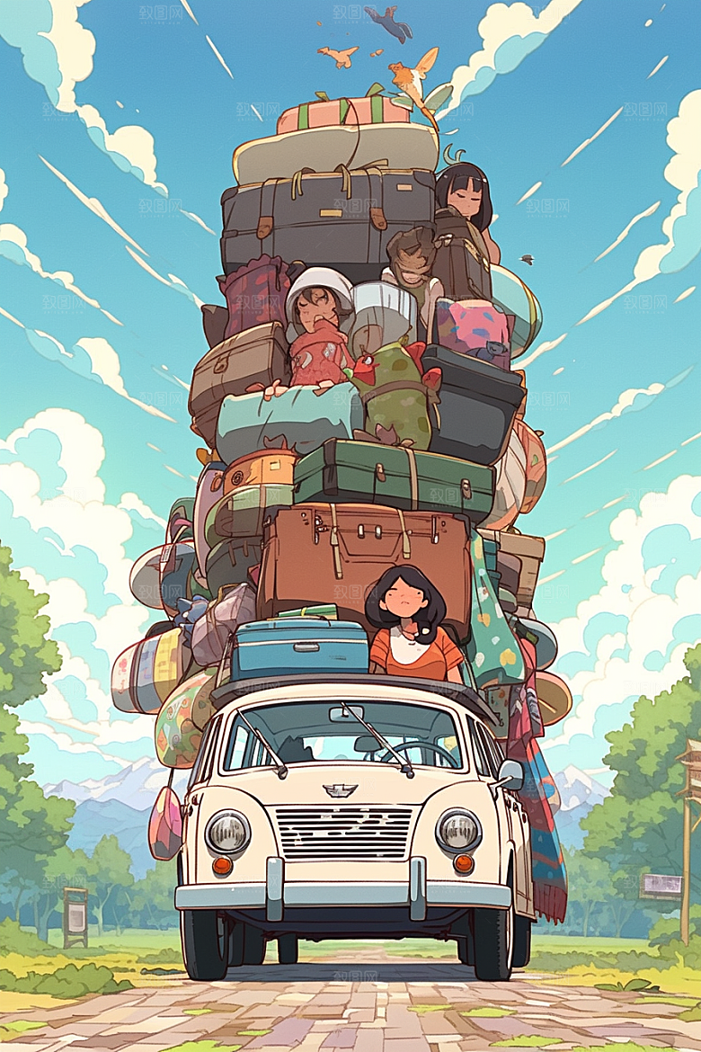学生放暑假结伴夏天插画