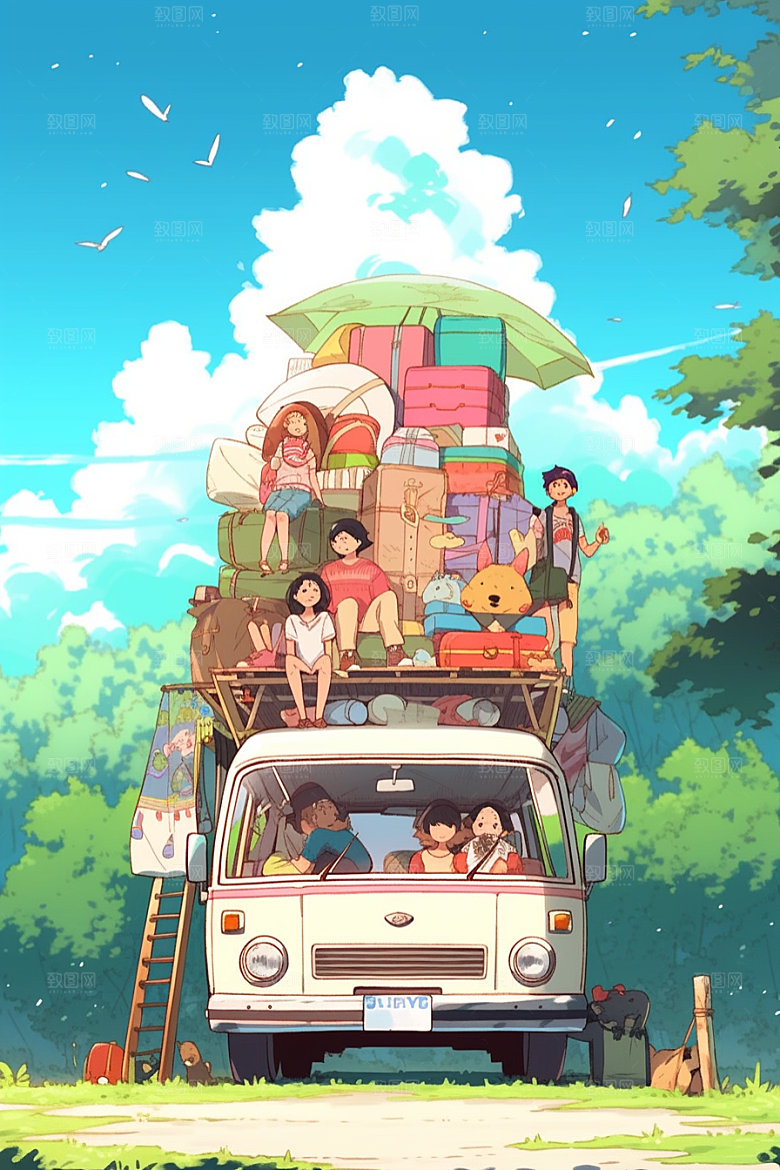 学生放暑假结伴夏天插画