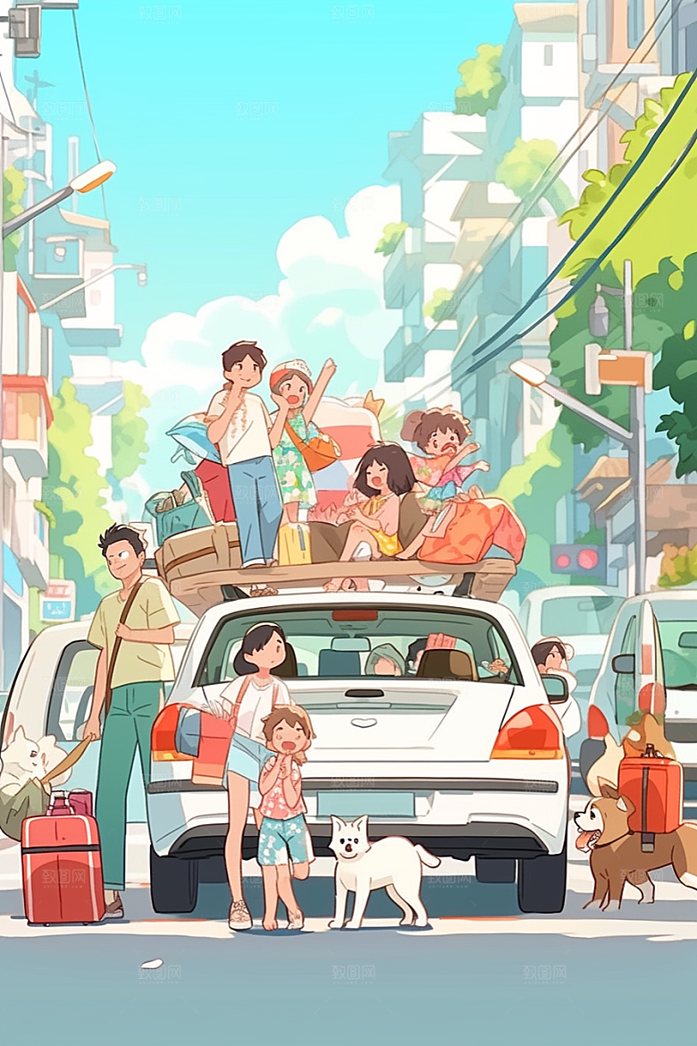 学生放暑假结伴夏天插画