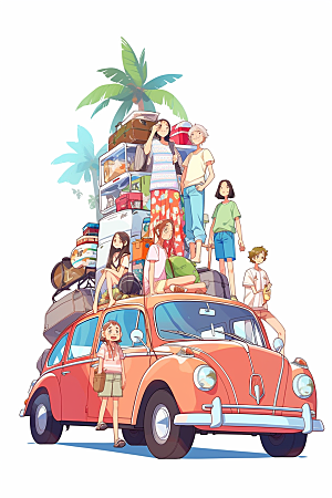 学生放暑假放假了毕业旅游插画