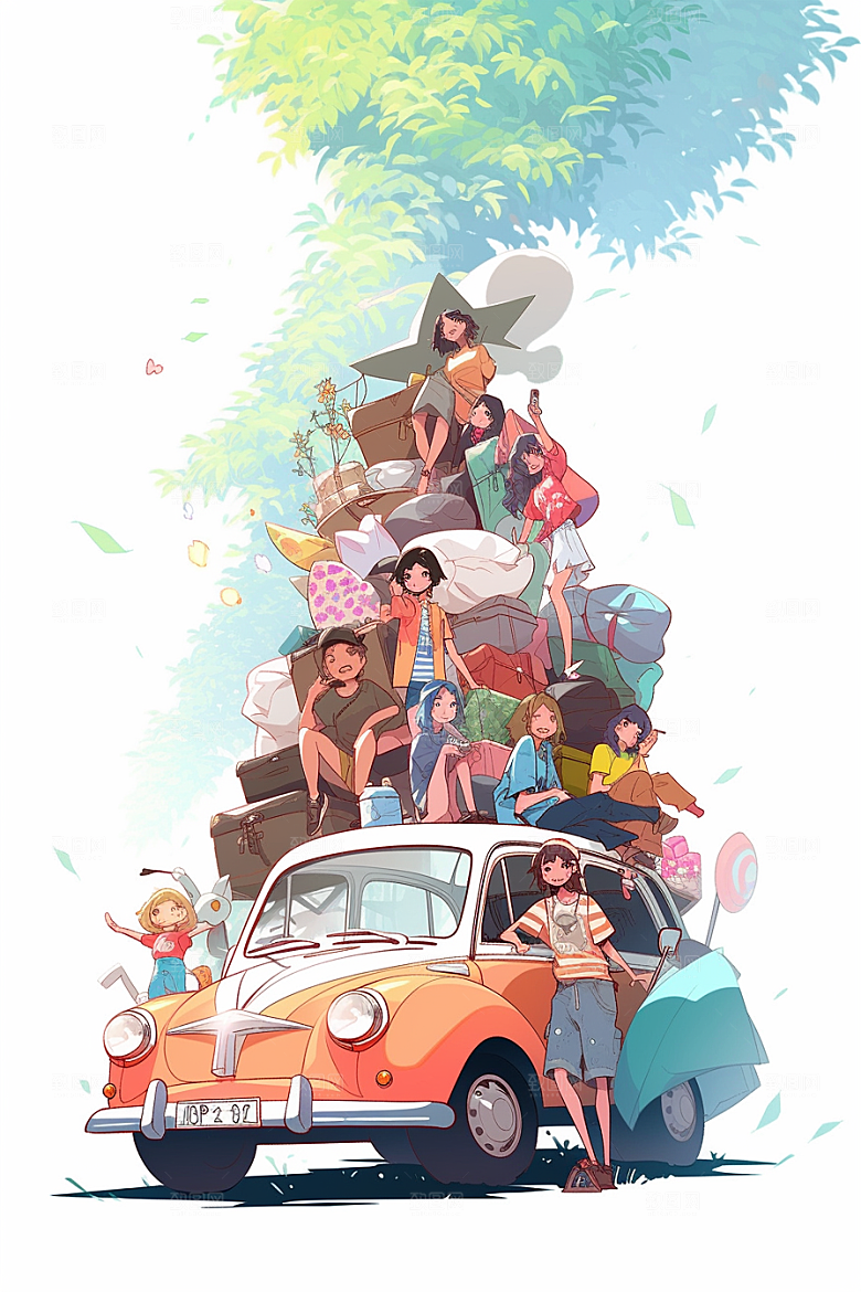 学生放暑假夏天出游插画