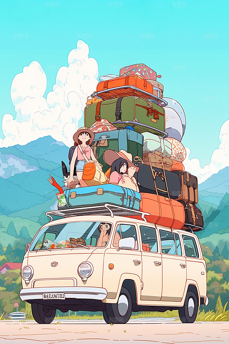 学生放暑假手绘毕业旅游插画