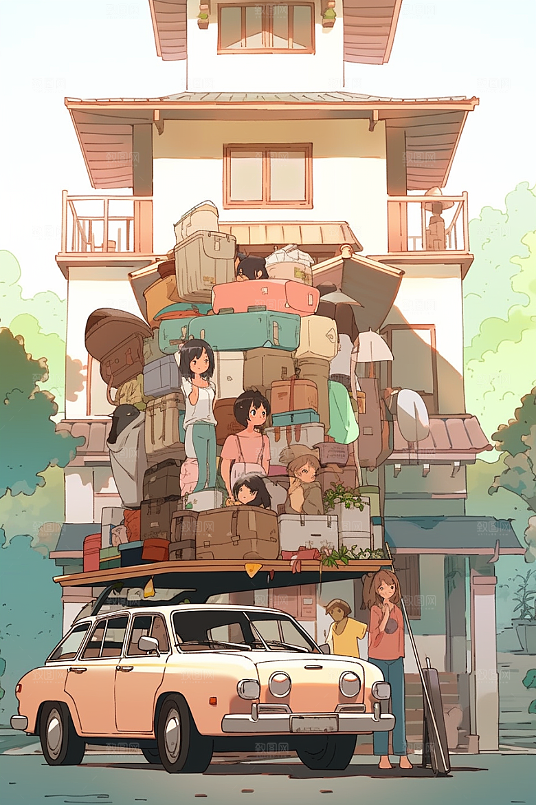 学生放暑假手绘出游插画