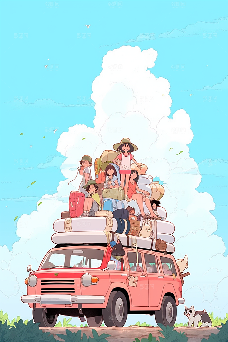 学生放暑假快乐旅游插画