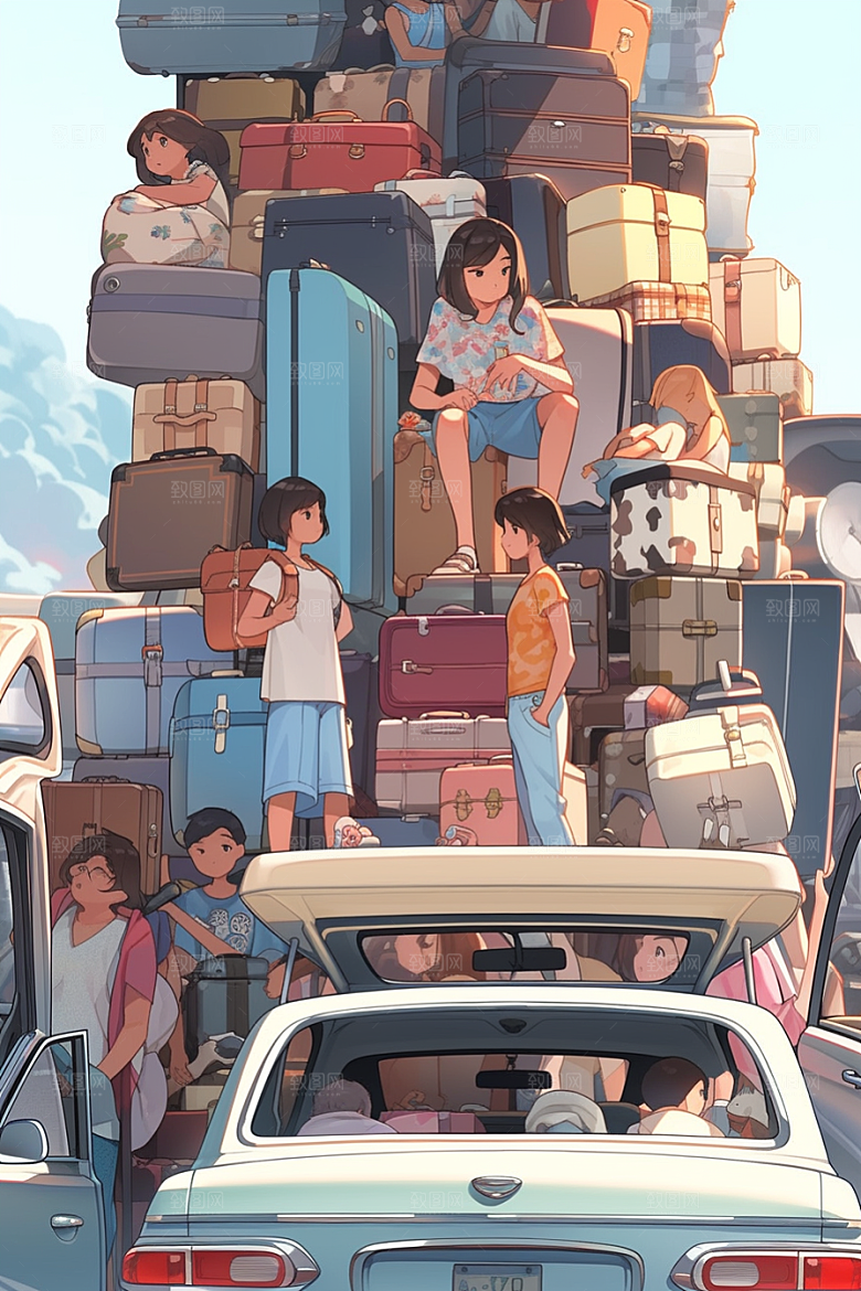 学生放暑假毕业旅游夏天插画