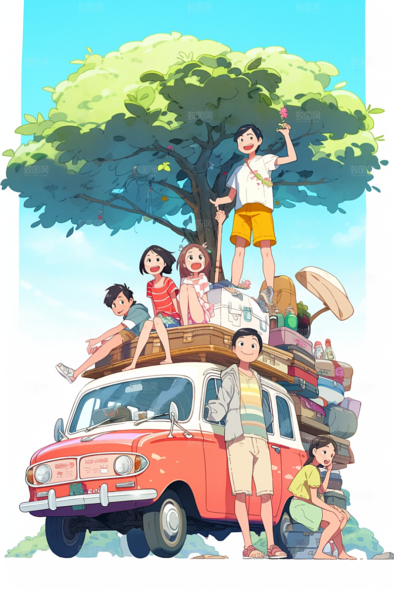 学生放暑假出游旅游插画