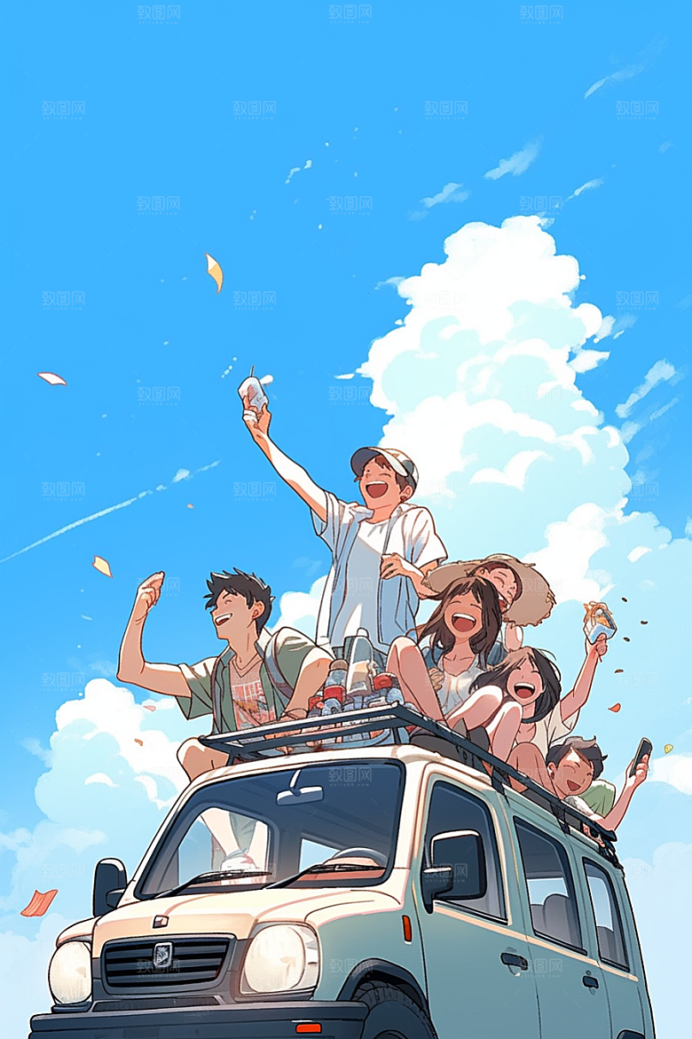 学生放暑假毕业旅游出游插画