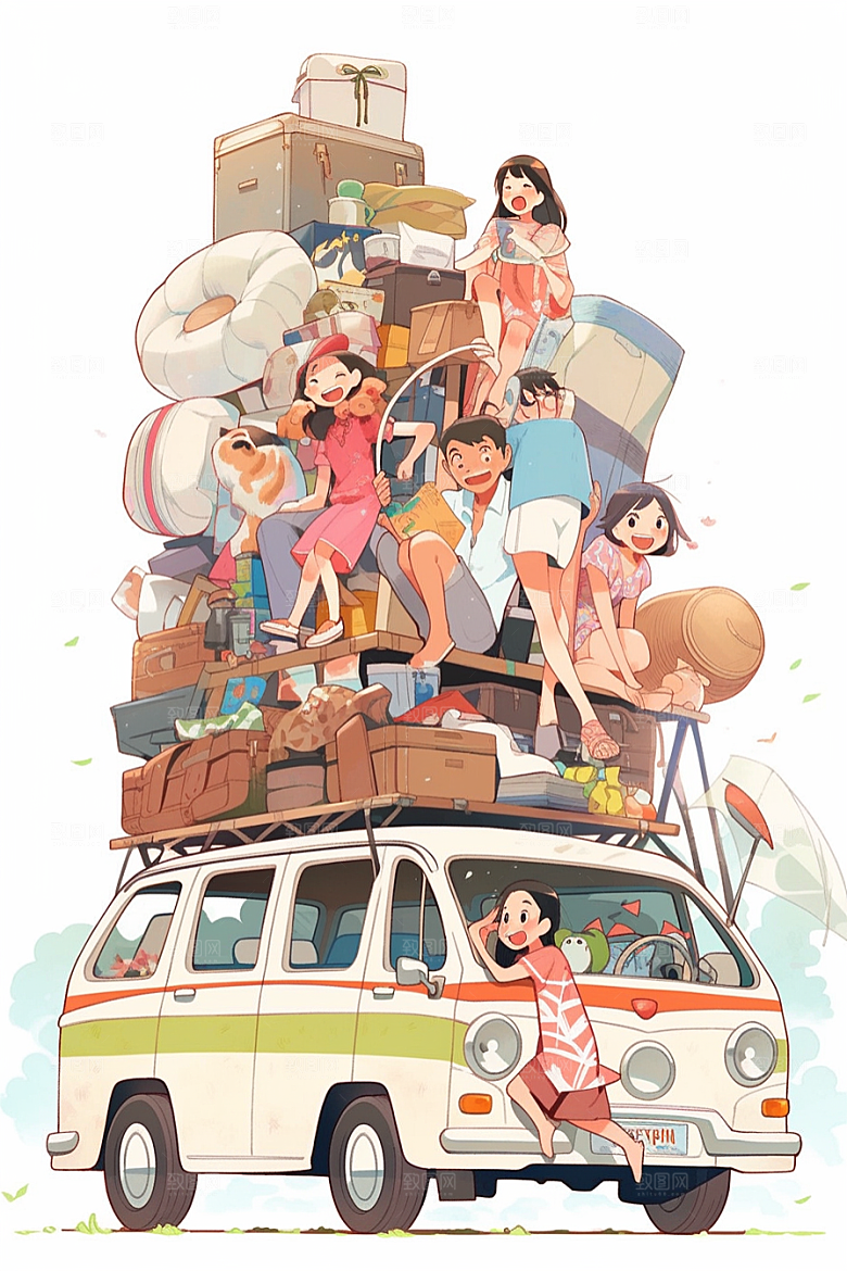 学生放暑假夏天出游插画