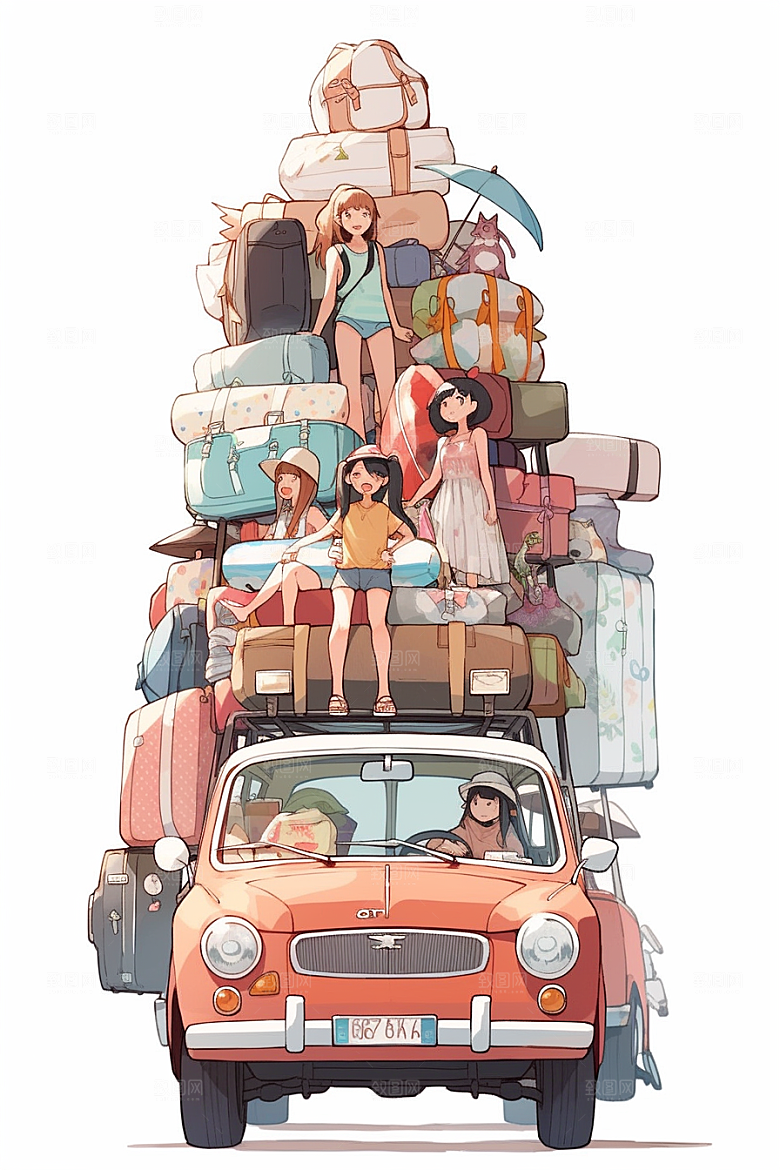 学生放暑假出游结伴插画