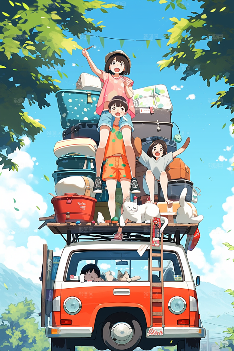 学生放暑假毕业旅游夏天插画