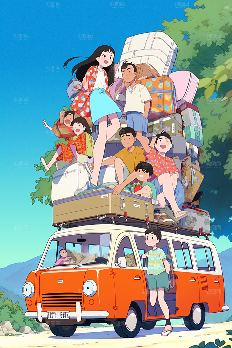 学生放暑假手绘旅游插画