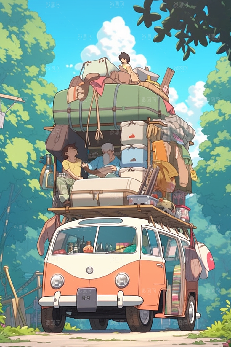 学生放暑假旅游出游插画