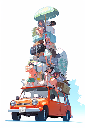 学生放暑假出游结伴插画