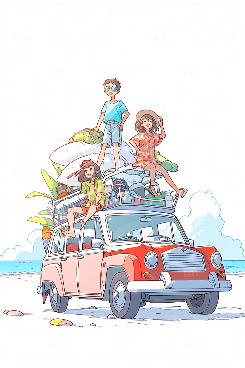 学生放暑假夏天毕业旅游插画