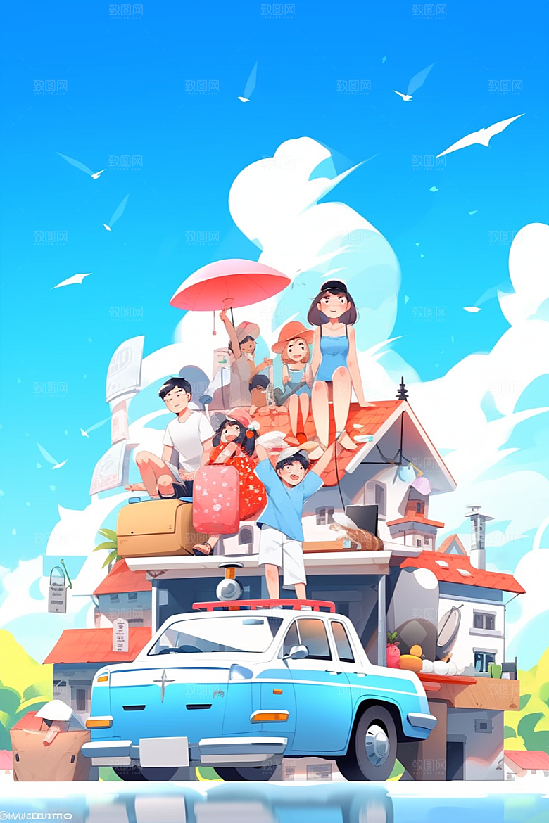 学生放暑假快乐旅游插画