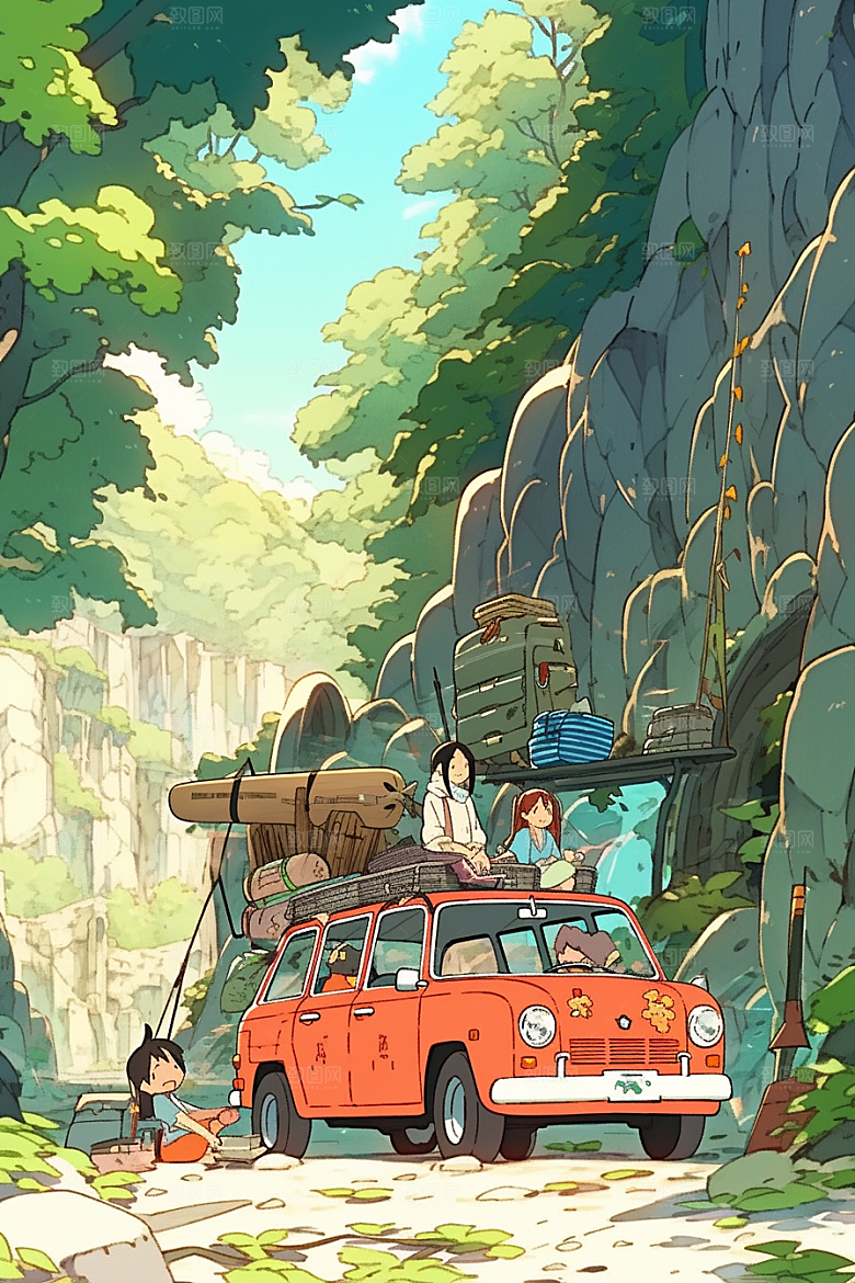 学生放暑假漫画风毕业旅游插画