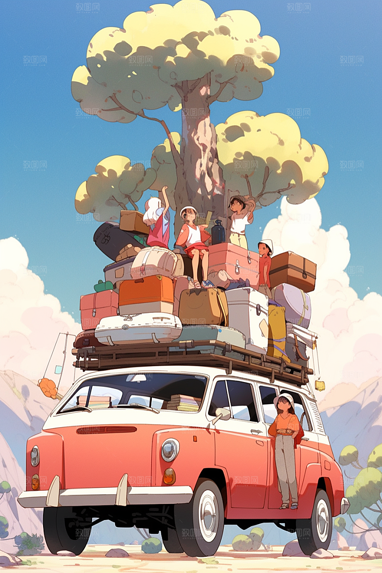 学生放暑假夏天旅游插画