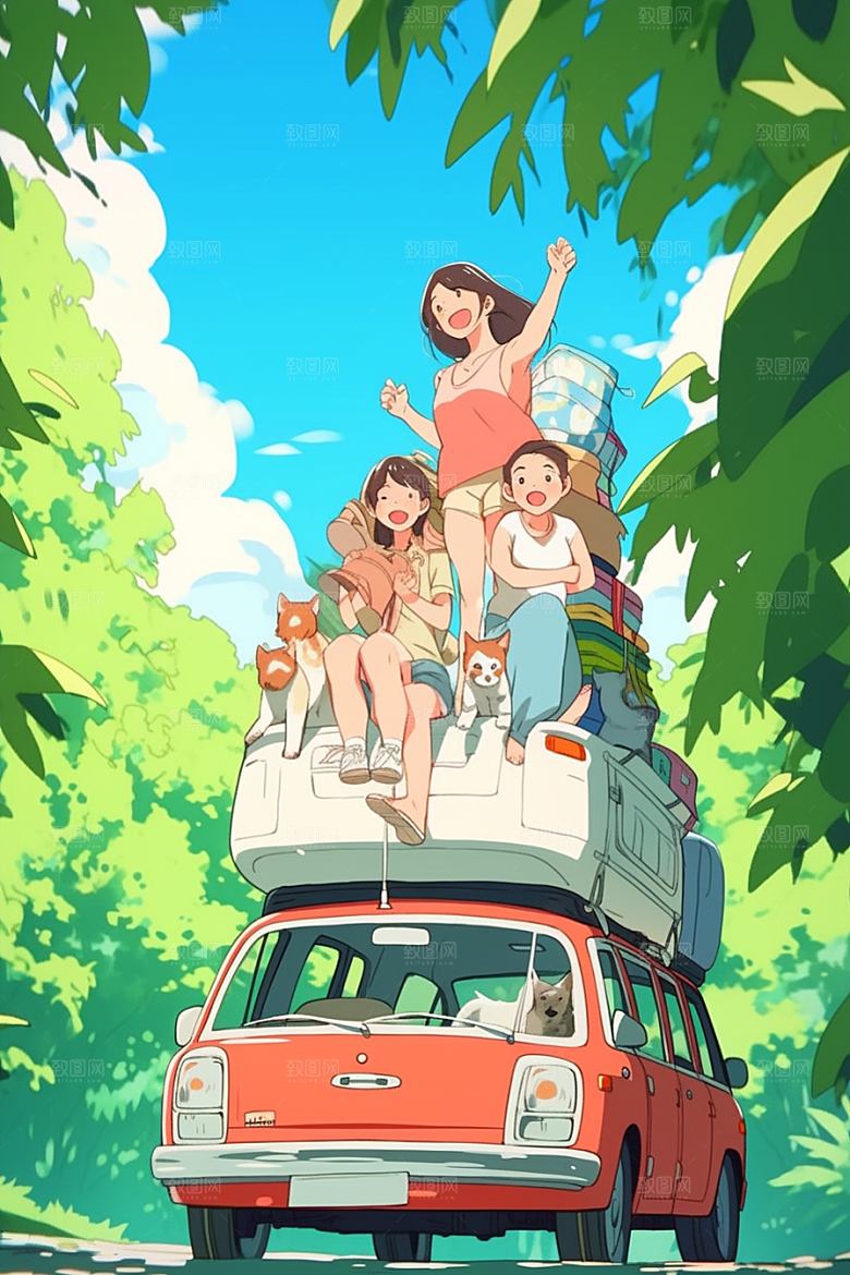 学生放暑假结伴毕业旅游插画