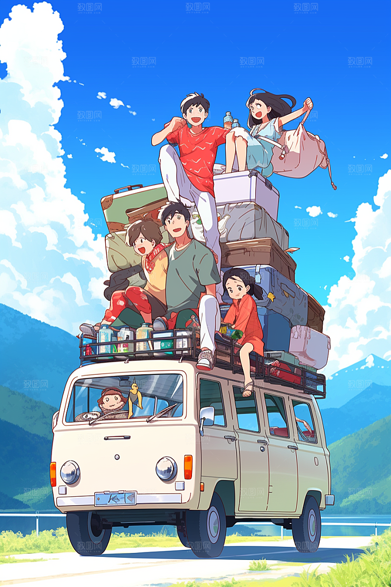 学生放暑假结伴快乐插画
