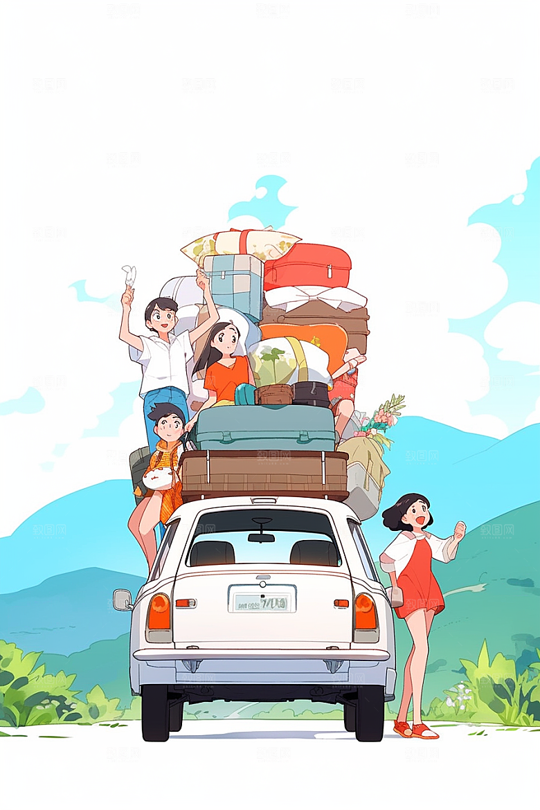 学生放暑假结业旅游插画