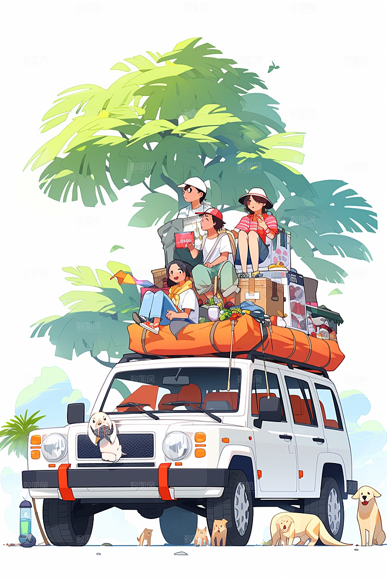 学生放暑假放假了出游插画