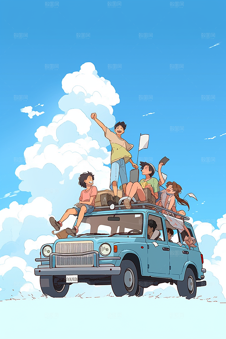 学生放暑假结伴结业插画