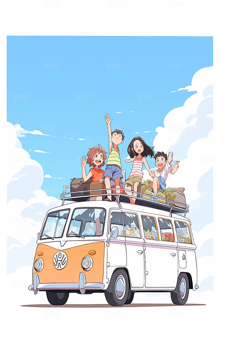 学生放暑假结伴旅游插画