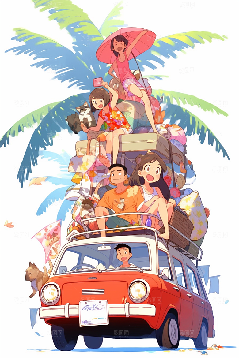 学生放暑假夏季旅游插画