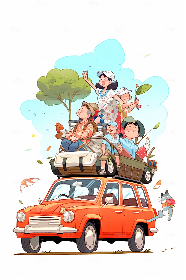学生放暑假出游手绘插画