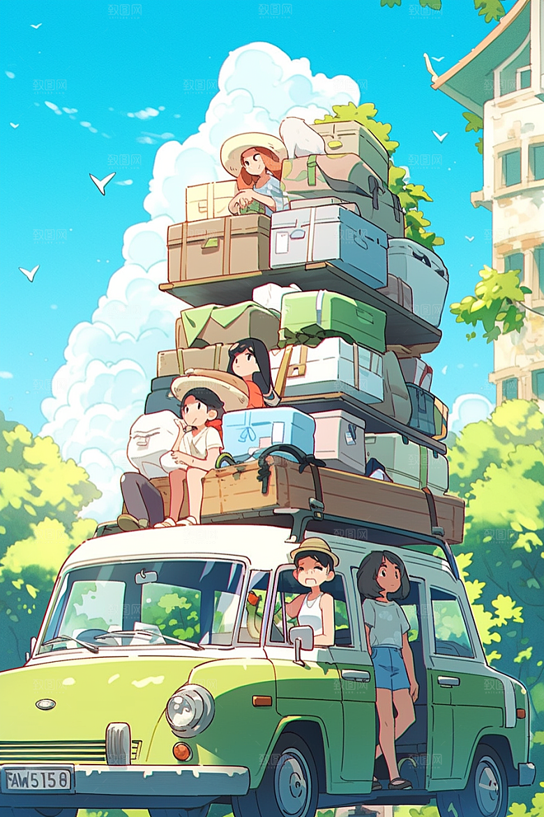 学生放暑假漫画风旅游插画