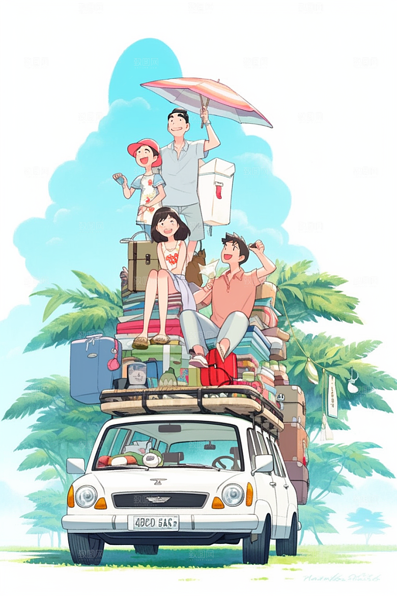 学生放暑假结伴结业插画