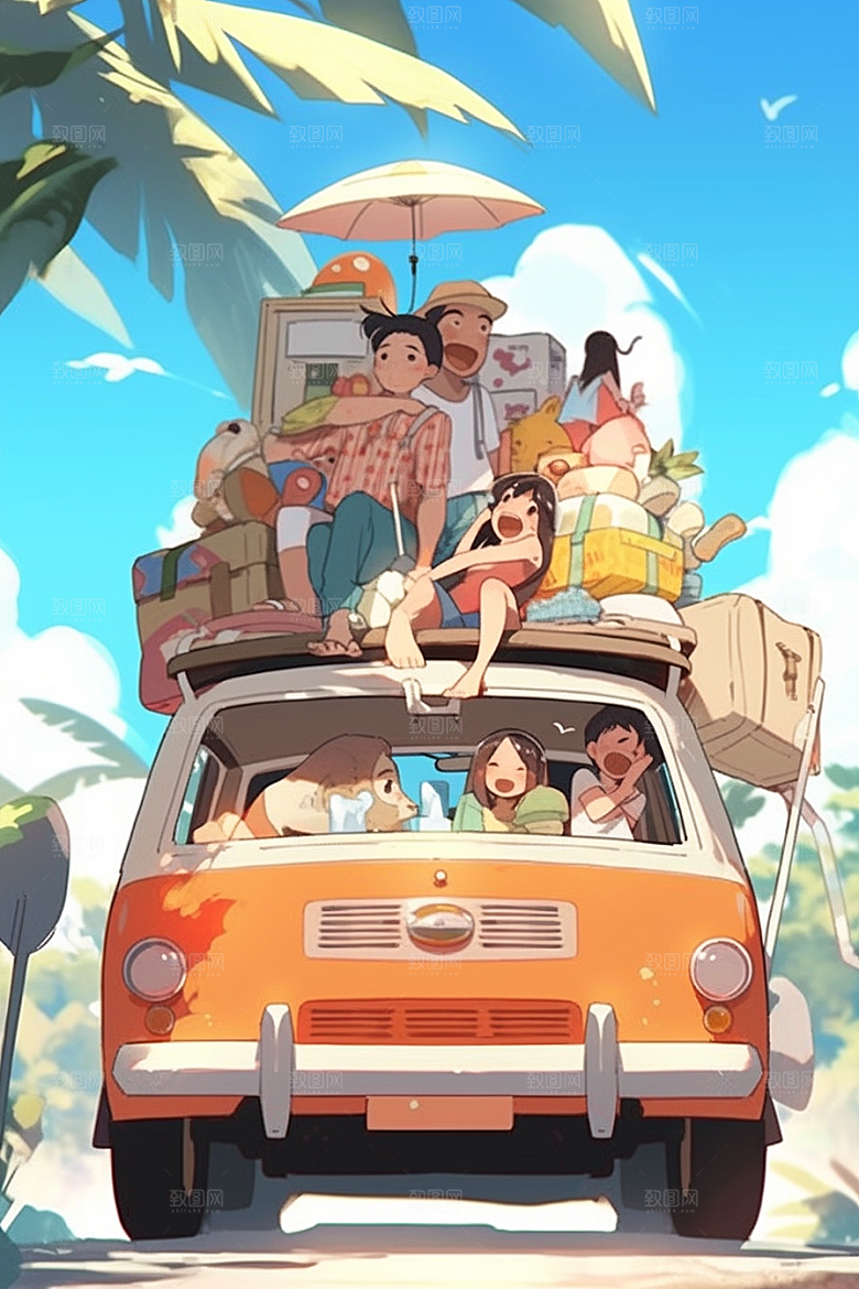 学生放暑假放假了毕业旅游插画