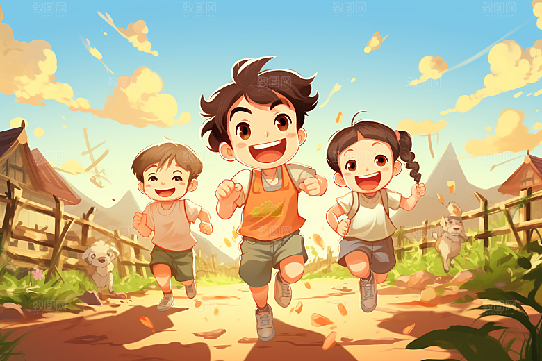 学生放暑假夏天结伴插画