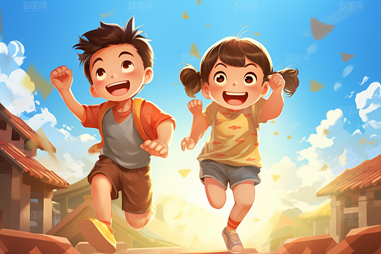 学生放暑假夏天放假了插画