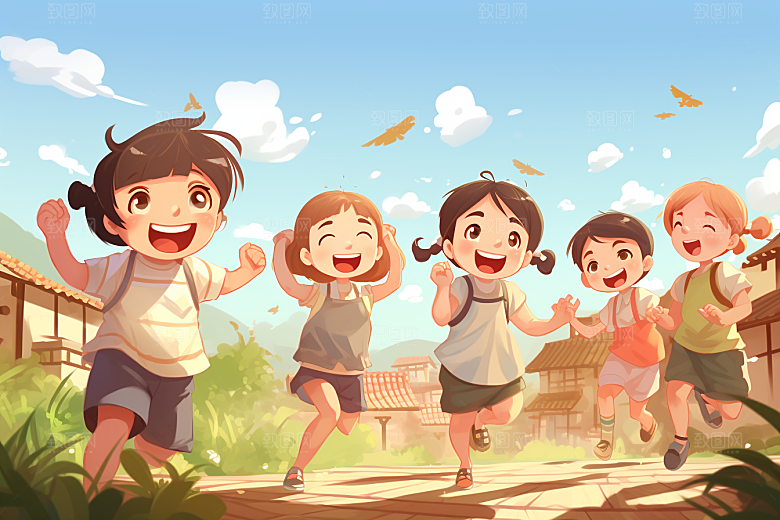 学生放暑假毕业旅游快乐插画