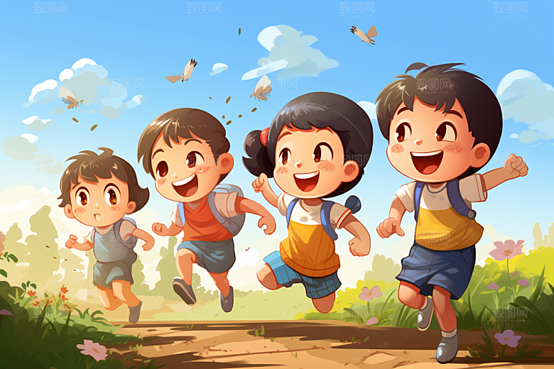 学生放暑假毕业旅游手绘插画