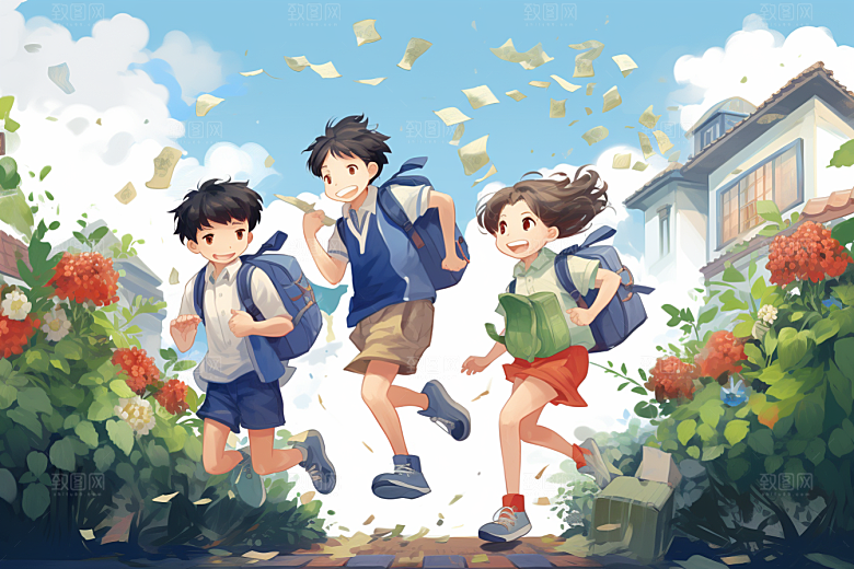 学生放暑假漫画风毕业旅游插画