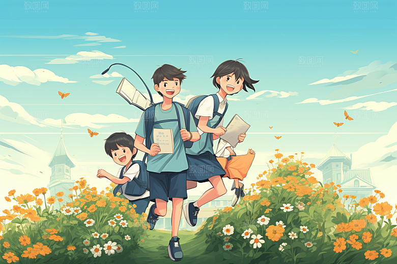 学生放暑假出游结业插画
