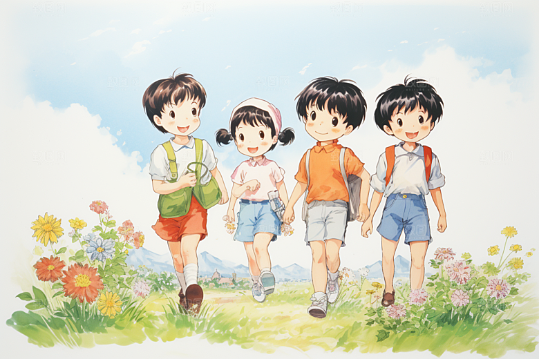 学生放暑假旅游结伴插画