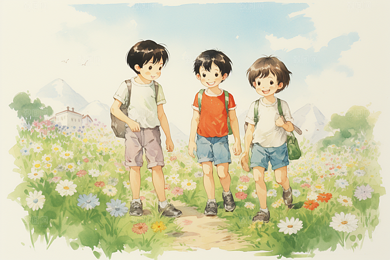 学生放暑假出游夏季插画