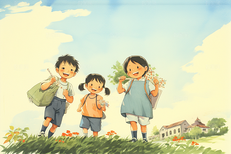 学生放暑假夏天出游插画