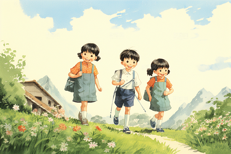 学生放暑假出游结业插画