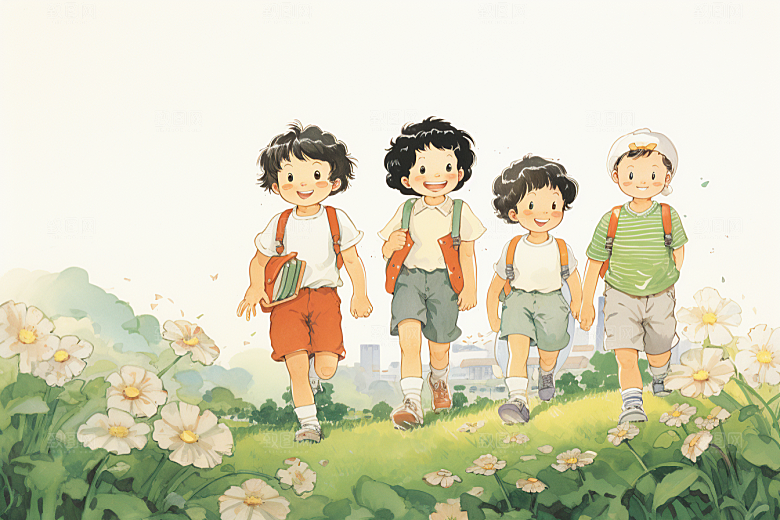 学生放暑假旅游手绘插画